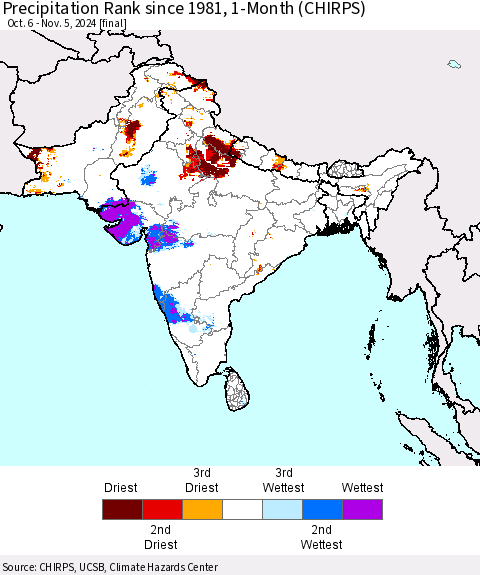 Southern Asia Precipitation Rank since 1981, 1-Month (CHIRPS) Thematic Map For 10/6/2024 - 11/5/2024