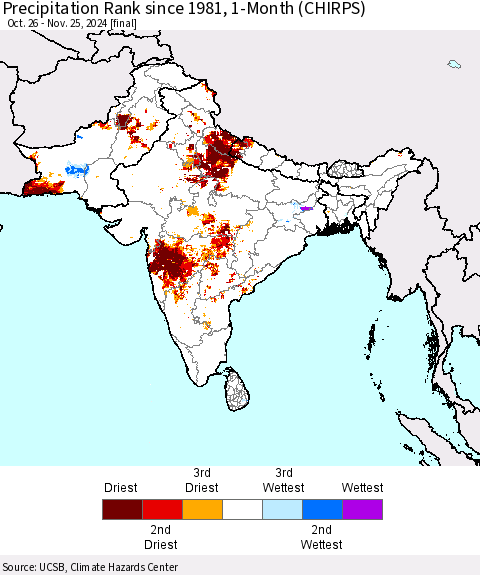 Southern Asia Precipitation Rank since 1981, 1-Month (CHIRPS) Thematic Map For 10/26/2024 - 11/25/2024