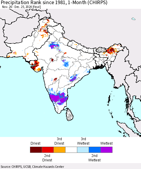 Southern Asia Precipitation Rank since 1981, 1-Month (CHIRPS) Thematic Map For 11/26/2024 - 12/25/2024