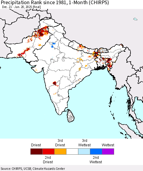Southern Asia Precipitation Rank since 1981, 1-Month (CHIRPS) Thematic Map For 12/21/2024 - 1/20/2025