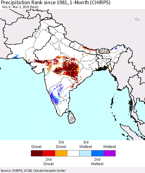 Southern Asia Precipitation Rank since 1981, 1-Month (CHIRPS) Thematic Map For 2/6/2025 - 3/5/2025