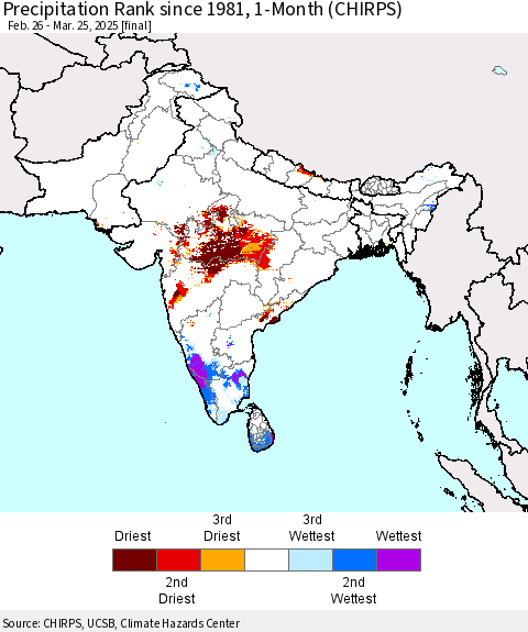 Southern Asia Precipitation Rank since 1981, 1-Month (CHIRPS) Thematic Map For 2/26/2025 - 3/25/2025