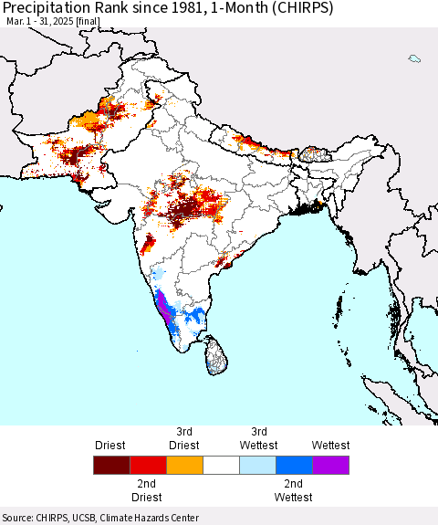 Southern Asia Precipitation Rank since 1981, 1-Month (CHIRPS) Thematic Map For 3/1/2025 - 3/31/2025