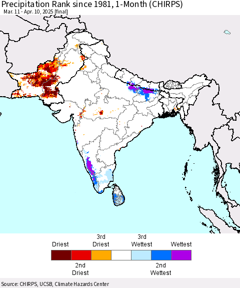 Southern Asia Precipitation Rank since 1981, 1-Month (CHIRPS) Thematic Map For 3/11/2025 - 4/10/2025