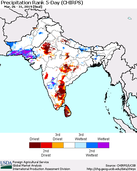 Southern Asia Precipitation Rank 5-Day (CHIRPS) Thematic Map For 3/26/2019 - 3/31/2019