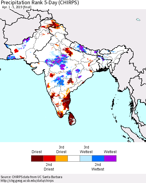 Southern Asia Precipitation Rank 5-Day (CHIRPS) Thematic Map For 4/1/2019 - 4/5/2019