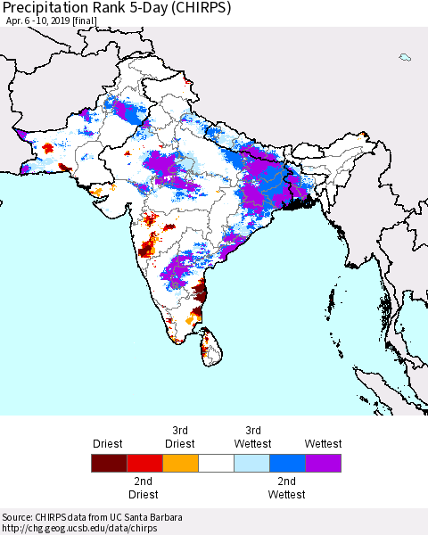 Southern Asia Precipitation Rank 5-Day (CHIRPS) Thematic Map For 4/6/2019 - 4/10/2019
