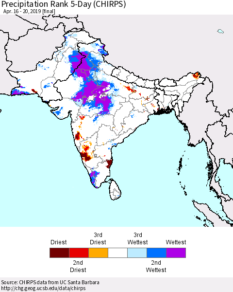 Southern Asia Precipitation Rank 5-Day (CHIRPS) Thematic Map For 4/16/2019 - 4/20/2019