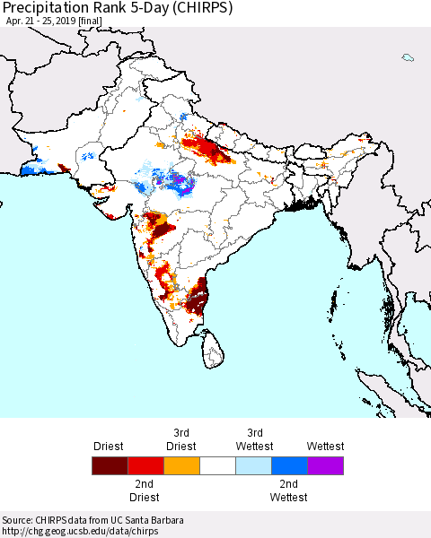 Southern Asia Precipitation Rank since 1981, 5-Day (CHIRPS) Thematic Map For 4/21/2019 - 4/25/2019