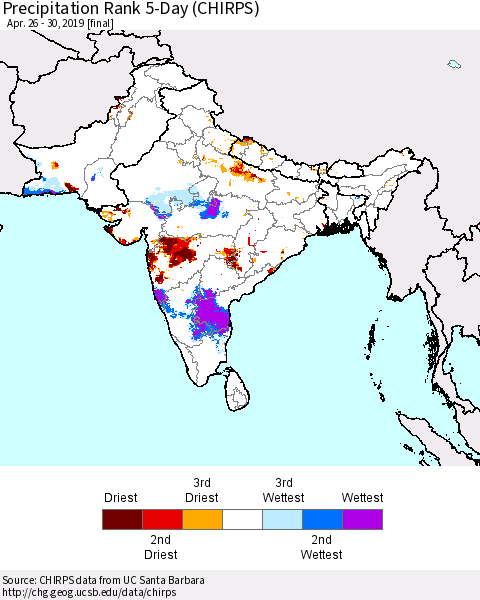 Southern Asia Precipitation Rank 5-Day (CHIRPS) Thematic Map For 4/26/2019 - 4/30/2019
