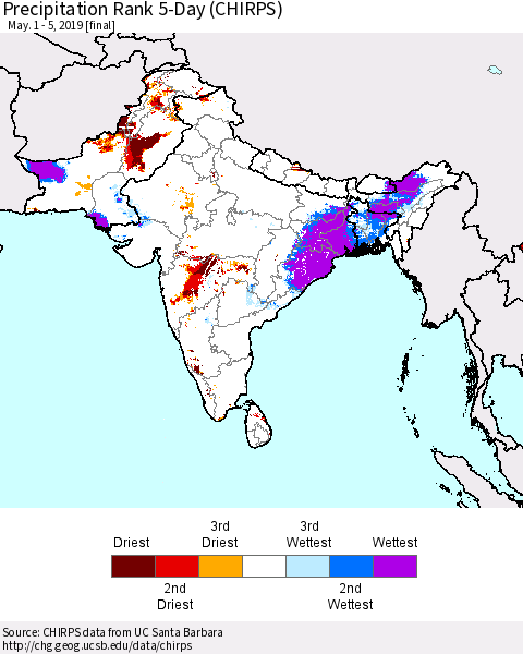 Southern Asia Precipitation Rank 5-Day (CHIRPS) Thematic Map For 5/1/2019 - 5/5/2019