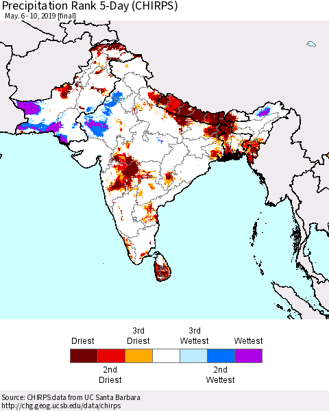 Southern Asia Precipitation Rank 5-Day (CHIRPS) Thematic Map For 5/6/2019 - 5/10/2019