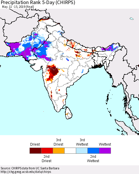 Southern Asia Precipitation Rank 5-Day (CHIRPS) Thematic Map For 5/11/2019 - 5/15/2019