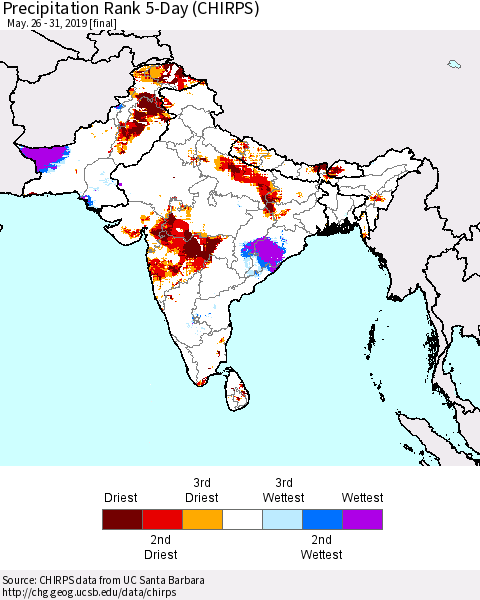 Southern Asia Precipitation Rank 5-Day (CHIRPS) Thematic Map For 5/26/2019 - 5/31/2019