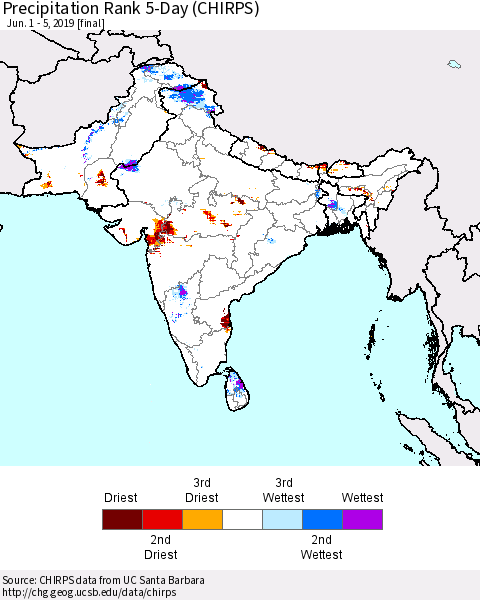Southern Asia Precipitation Rank 5-Day (CHIRPS) Thematic Map For 6/1/2019 - 6/5/2019