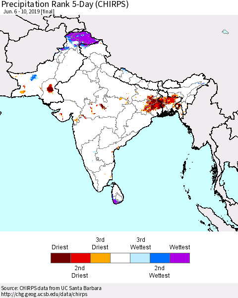 Southern Asia Precipitation Rank 5-Day (CHIRPS) Thematic Map For 6/6/2019 - 6/10/2019