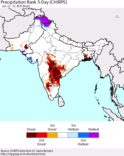 Southern Asia Precipitation Rank 5-Day (CHIRPS) Thematic Map For 6/11/2019 - 6/15/2019