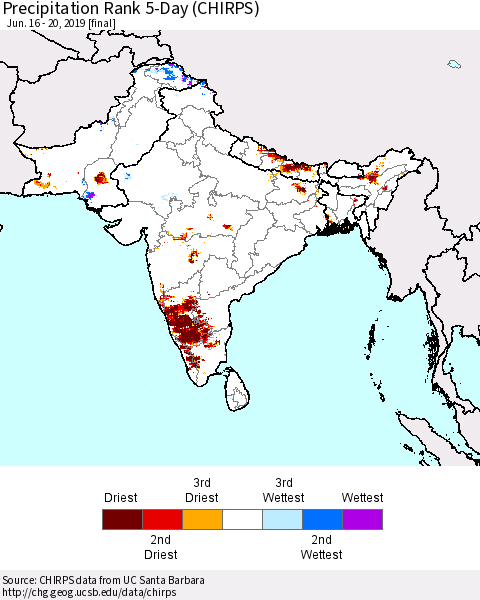 Southern Asia Precipitation Rank 5-Day (CHIRPS) Thematic Map For 6/16/2019 - 6/20/2019