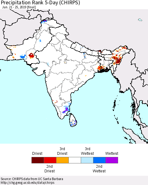 Southern Asia Precipitation Rank since 1981, 5-Day (CHIRPS) Thematic Map For 6/21/2019 - 6/25/2019