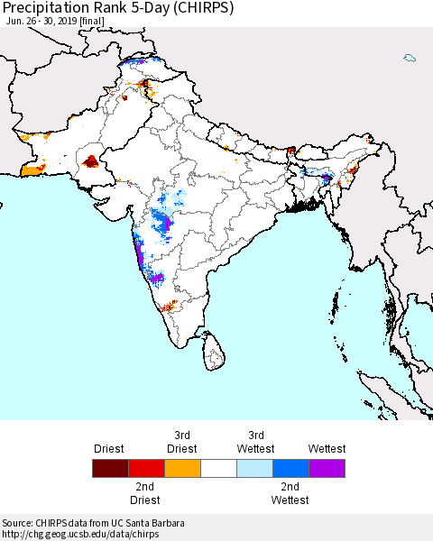 Southern Asia Precipitation Rank 5-Day (CHIRPS) Thematic Map For 6/26/2019 - 6/30/2019