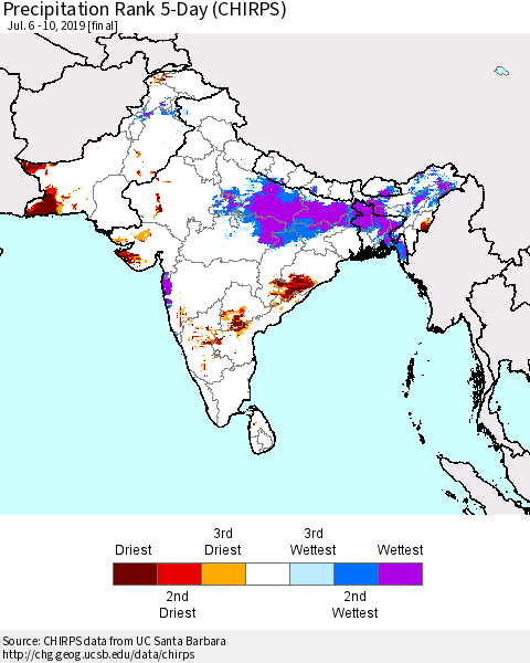 Southern Asia Precipitation Rank 5-Day (CHIRPS) Thematic Map For 7/6/2019 - 7/10/2019