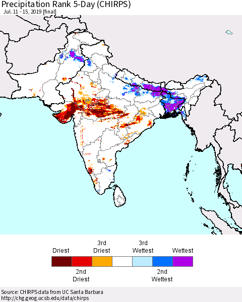 Southern Asia Precipitation Rank 5-Day (CHIRPS) Thematic Map For 7/11/2019 - 7/15/2019