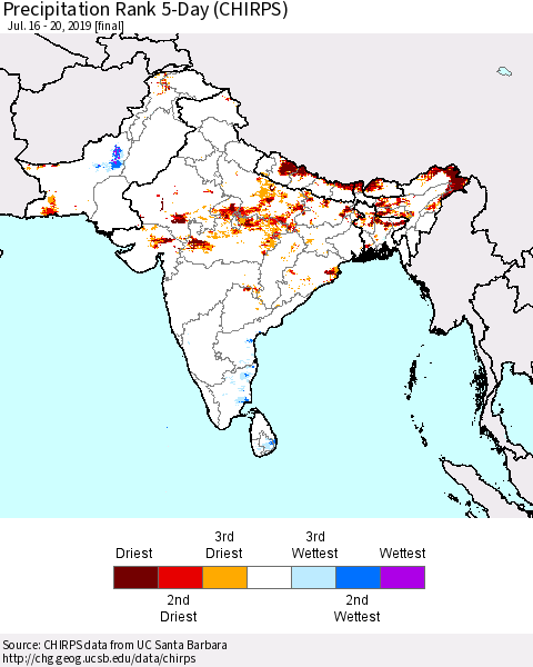 Southern Asia Precipitation Rank 5-Day (CHIRPS) Thematic Map For 7/16/2019 - 7/20/2019