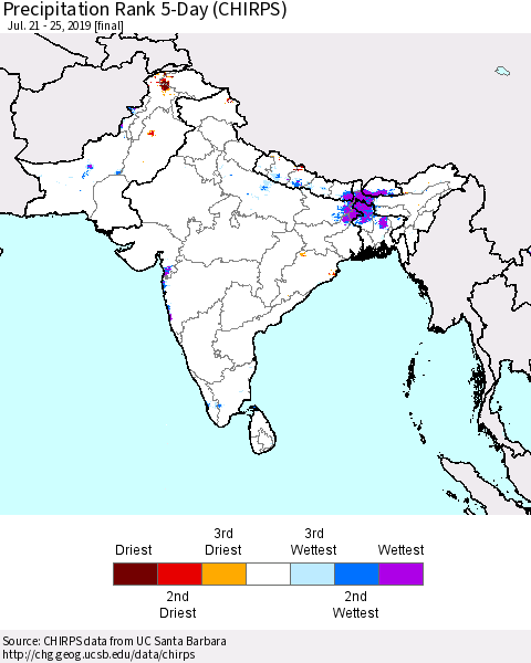 Southern Asia Precipitation Rank since 1981, 5-Day (CHIRPS) Thematic Map For 7/21/2019 - 7/25/2019