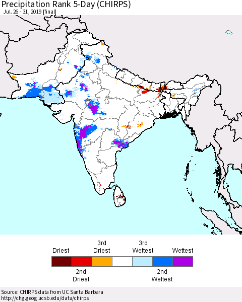Southern Asia Precipitation Rank since 1981, 5-Day (CHIRPS) Thematic Map For 7/26/2019 - 7/31/2019