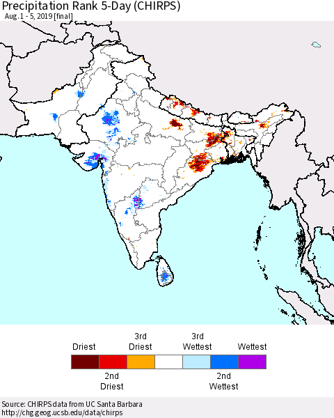 Southern Asia Precipitation Rank since 1981, 5-Day (CHIRPS) Thematic Map For 8/1/2019 - 8/5/2019