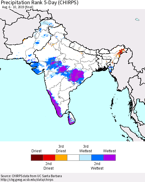 Southern Asia Precipitation Rank 5-Day (CHIRPS) Thematic Map For 8/6/2019 - 8/10/2019