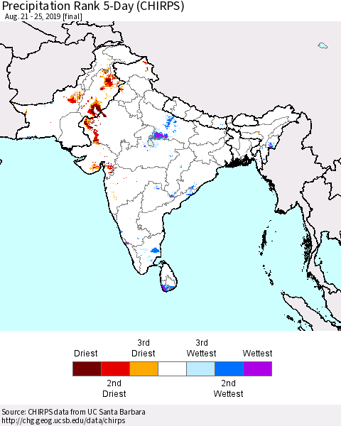 Southern Asia Precipitation Rank 5-Day (CHIRPS) Thematic Map For 8/21/2019 - 8/25/2019