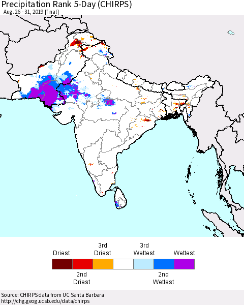 Southern Asia Precipitation Rank 5-Day (CHIRPS) Thematic Map For 8/26/2019 - 8/31/2019