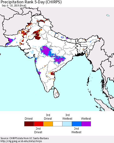 Southern Asia Precipitation Rank 5-Day (CHIRPS) Thematic Map For 9/6/2019 - 9/10/2019