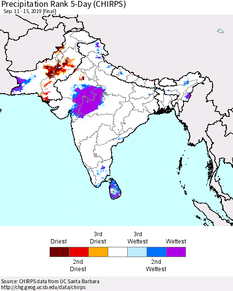 Southern Asia Precipitation Rank 5-Day (CHIRPS) Thematic Map For 9/11/2019 - 9/15/2019
