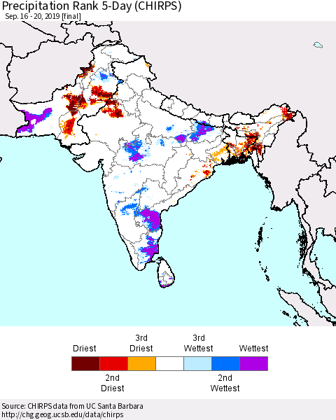 Southern Asia Precipitation Rank 5-Day (CHIRPS) Thematic Map For 9/16/2019 - 9/20/2019