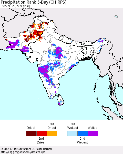 Southern Asia Precipitation Rank 5-Day (CHIRPS) Thematic Map For 9/21/2019 - 9/25/2019