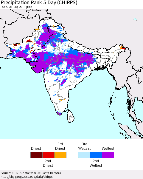 Southern Asia Precipitation Rank 5-Day (CHIRPS) Thematic Map For 9/26/2019 - 9/30/2019