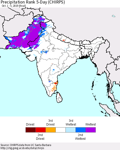 Southern Asia Precipitation Rank 5-Day (CHIRPS) Thematic Map For 10/1/2019 - 10/5/2019