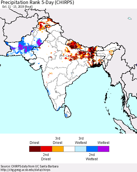 Southern Asia Precipitation Rank 5-Day (CHIRPS) Thematic Map For 10/11/2019 - 10/15/2019