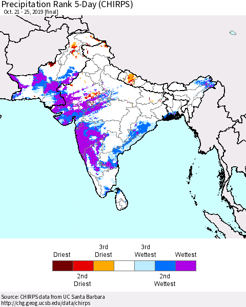 Southern Asia Precipitation Rank 5-Day (CHIRPS) Thematic Map For 10/21/2019 - 10/25/2019