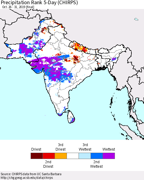 Southern Asia Precipitation Rank 5-Day (CHIRPS) Thematic Map For 10/26/2019 - 10/31/2019