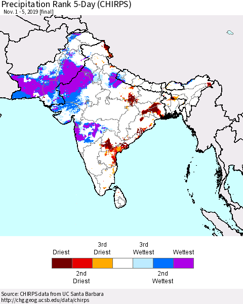 Southern Asia Precipitation Rank since 1981, 5-Day (CHIRPS) Thematic Map For 11/1/2019 - 11/5/2019