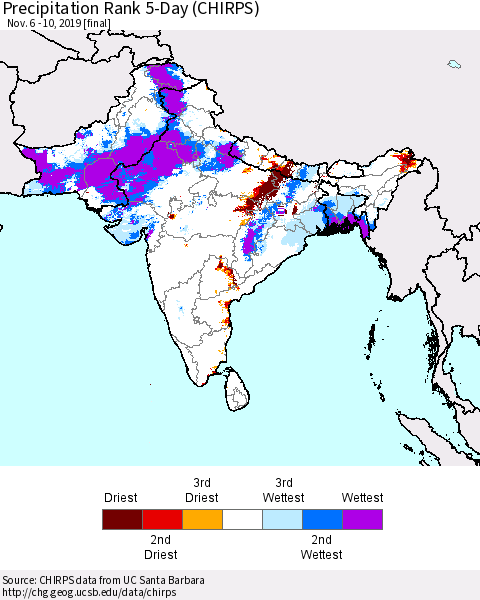 Southern Asia Precipitation Rank 5-Day (CHIRPS) Thematic Map For 11/6/2019 - 11/10/2019