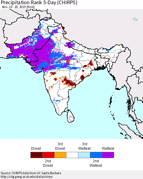 Southern Asia Precipitation Rank since 1981, 5-Day (CHIRPS) Thematic Map For 11/16/2019 - 11/20/2019
