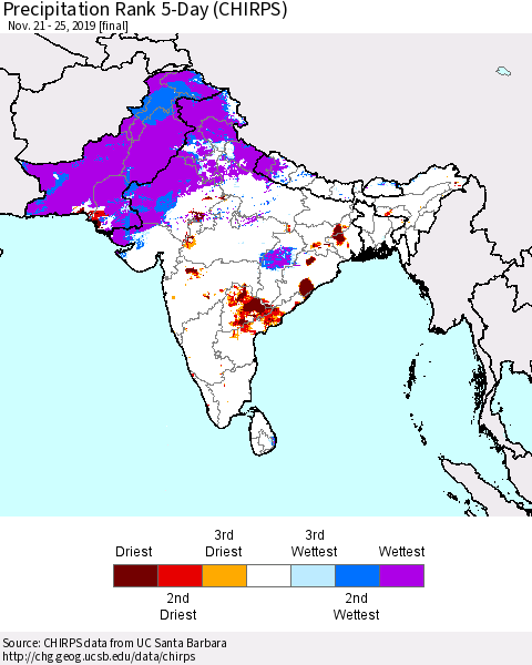 Southern Asia Precipitation Rank since 1981, 5-Day (CHIRPS) Thematic Map For 11/21/2019 - 11/25/2019