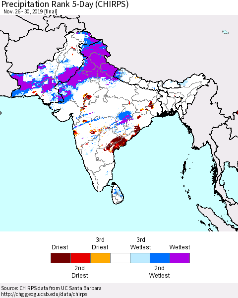 Southern Asia Precipitation Rank 5-Day (CHIRPS) Thematic Map For 11/26/2019 - 11/30/2019