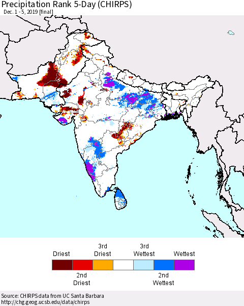 Southern Asia Precipitation Rank 5-Day (CHIRPS) Thematic Map For 12/1/2019 - 12/5/2019