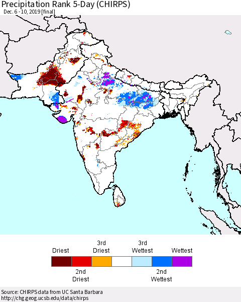 Southern Asia Precipitation Rank 5-Day (CHIRPS) Thematic Map For 12/6/2019 - 12/10/2019