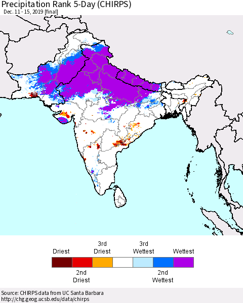 Southern Asia Precipitation Rank 5-Day (CHIRPS) Thematic Map For 12/11/2019 - 12/15/2019
